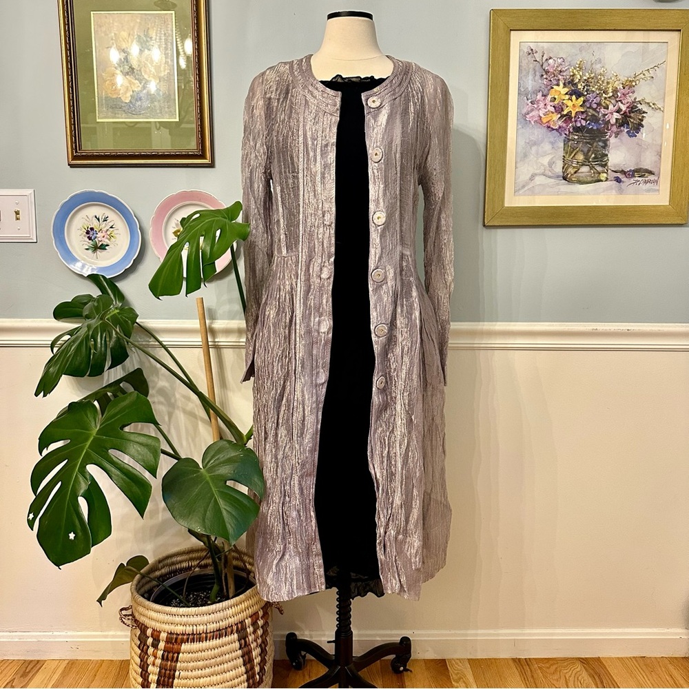 Vintage Long Silver Cardigan 10 Metallic Whimsigoth Witchy Crepe Duster Coat